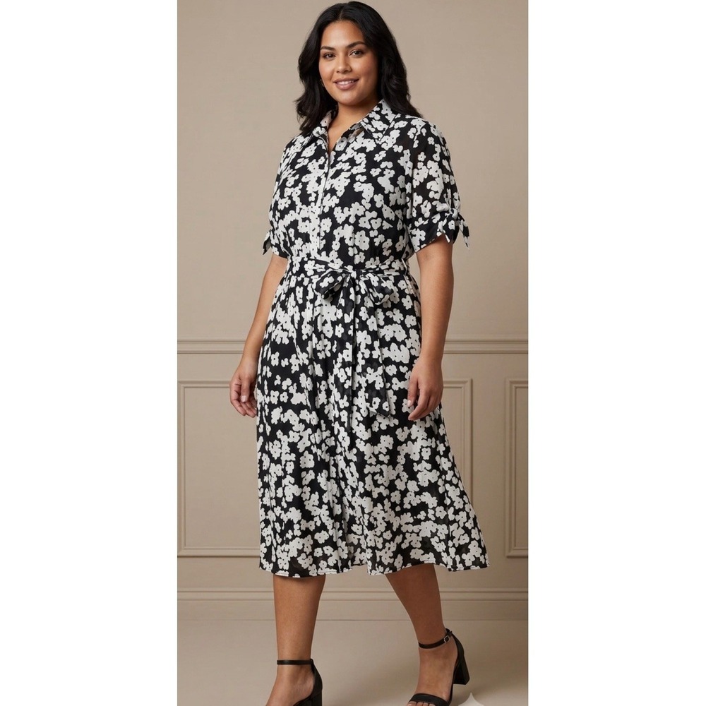 Calvin Klein Womens Size 16W Black White Floral Belted Midi Shirt Dress Cotton